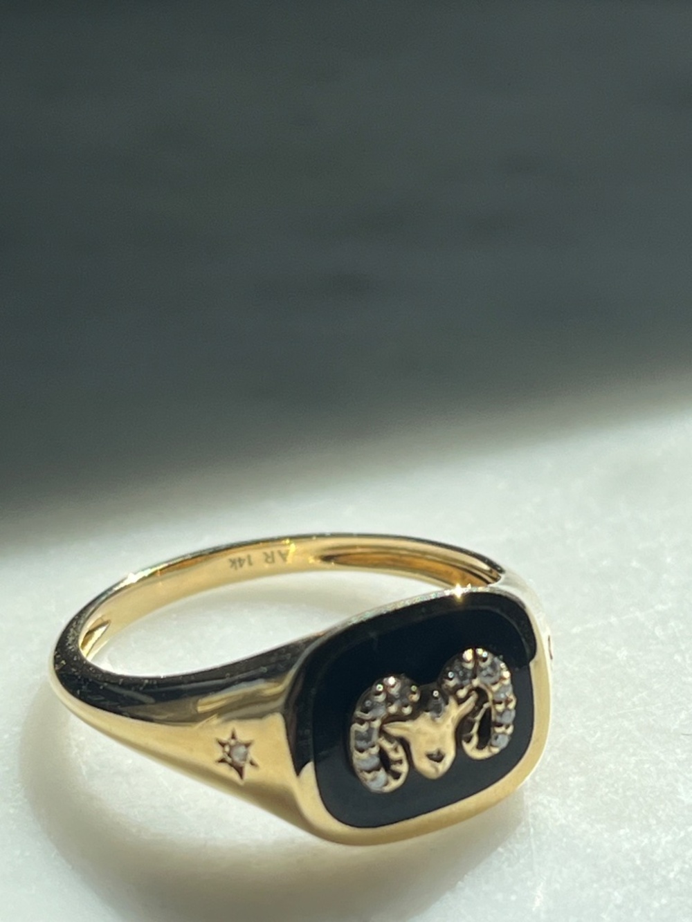 Adina Reyter Aries Zodiac 14K Gold Black Ceramic & Diamond Signet Ring Sz. 8 - Picture 6 of 14